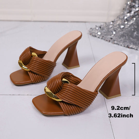 Damen Elegante High-Heel Sandaletten mit modischem Rippendesign und goldener Akzent-Details R&B