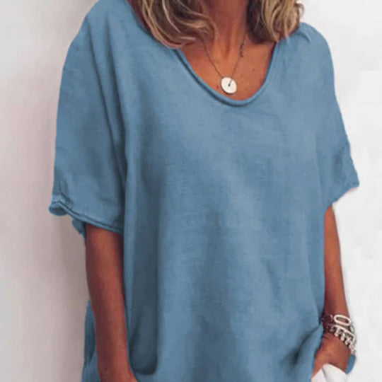 Damen nan weit geschnittenes Leinenmix-Relaxshirt mit Rundhalsausschnitt, überschnittenen Ärmeln und seitlichen Schlitzen R&B