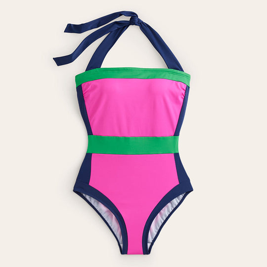 Damen High-Waist Einteiler Badeanzug mit modernem Schnitt und verspielten Farbblockelementen R&B