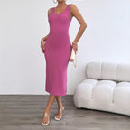 Damen figurbetontes Midi-Kleid aus Rippstrick mit Spaghettiträgern EB