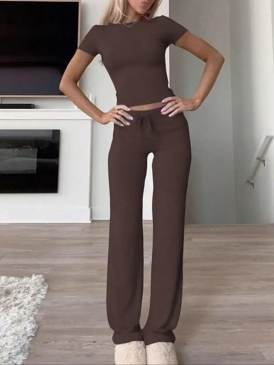 Damen lässiges Lounge-Set mit figurbetontem Oberteil und bequemer Hose R&B