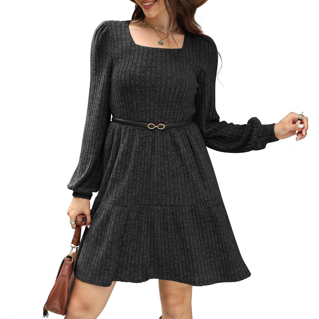 Damen Strickkleid mit modischem Quadrat-Ausschnitt und fließendem Rock R&B