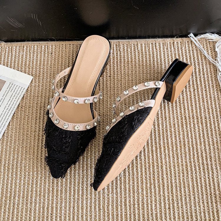 Damen elegante Mules mit schimmerndem Riemen und Fransen R&B