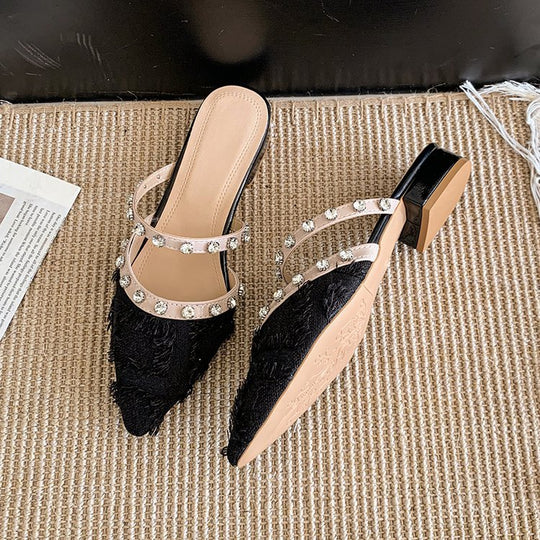 Damen elegante Mules mit schimmerndem Riemen und Fransen R&B