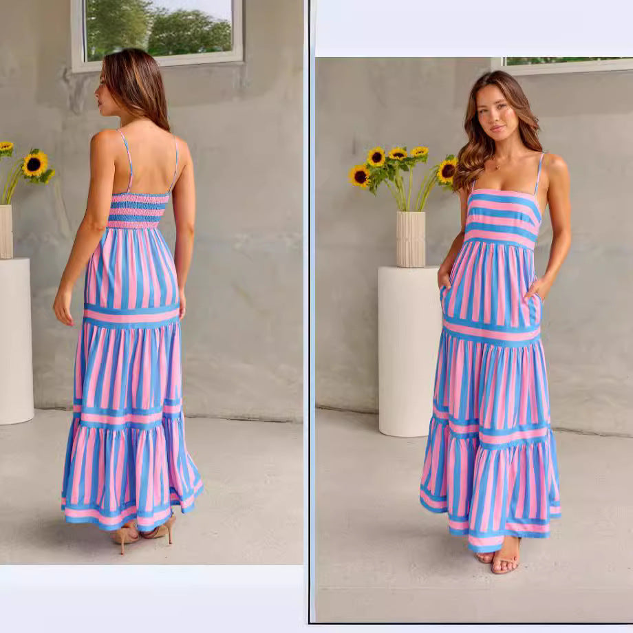 Damen Maxikleid mit schmalen Trägern und gestreiftem Design R&B