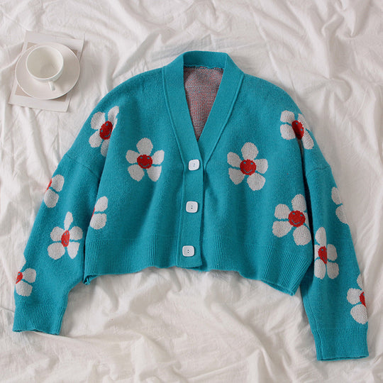 Damen Kürzer Strickcardigan mit floralen Motiven und Knopfdetails R&B