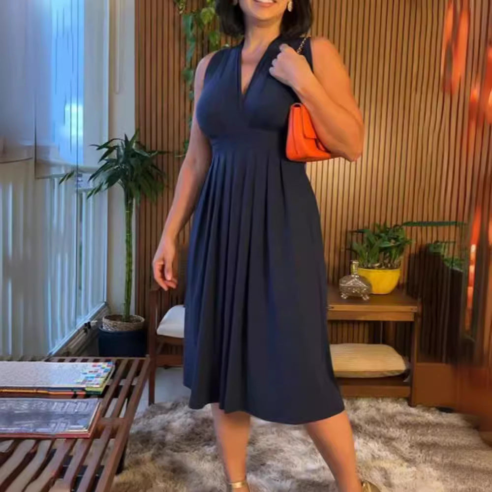 Damen nan ärmelloses V-Ausschnitt-Midikleid mit Unterbrustnaht und schmeichelndem Faltenrock R&B
