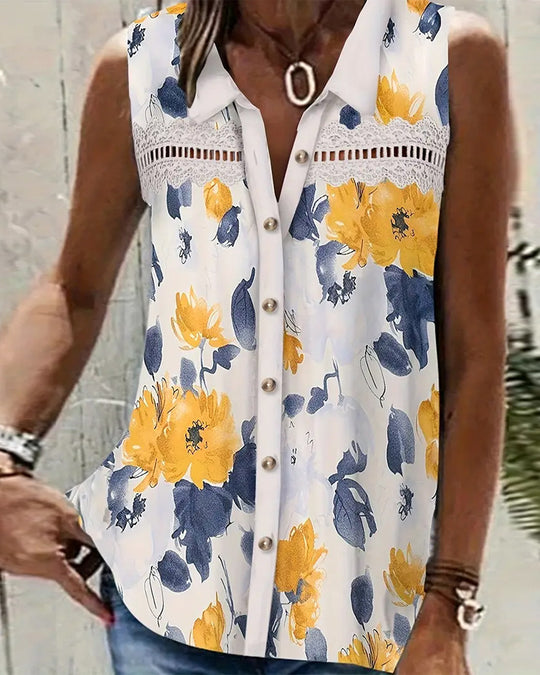 Damen nan Seidenimitat-Buttondown-Top mit Spitzenpasse und Perlenknopfleiste R&B