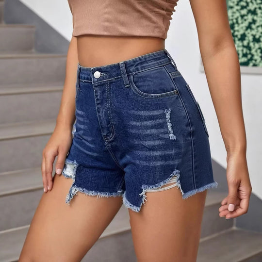 Damen lässige Destroyed Jeansshorts mit hohem Bund und fransigen Abschlüssen R&B