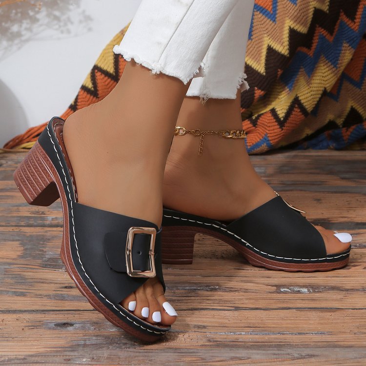 Damen modische Mules mit komfortablem Blockabsatz und eleganter Schnallenverzierung R&B