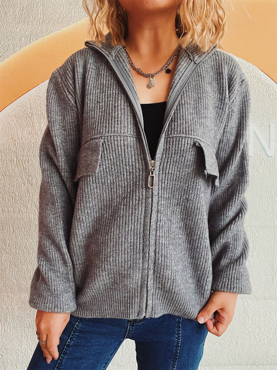 Damen lässige Strickjacke mit praktischen Taschen und hohem Kragen R&B