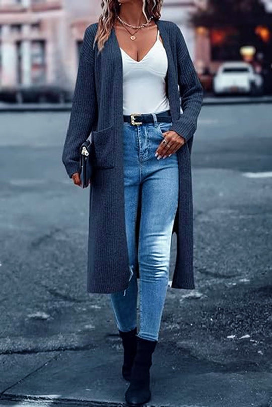 Damen Strickmantel mit langen Ärmeln und praktischen Taschen R&B