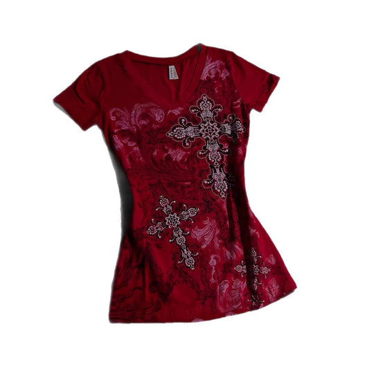 Damen T-Shirt mit dekorativem Kreuzdesign und floralen Akzenten R&B