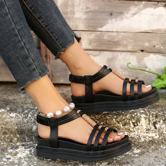 Damen trendige Plateau-Sandalen mit dekorativem Ketten-Detail und komfortabler Sohle R&B