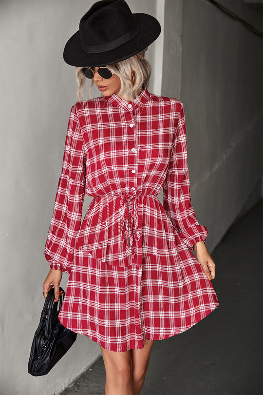 Damen Hemdblusenkleid mit verstellbarem Taillengürtel und kariertem Design R&B