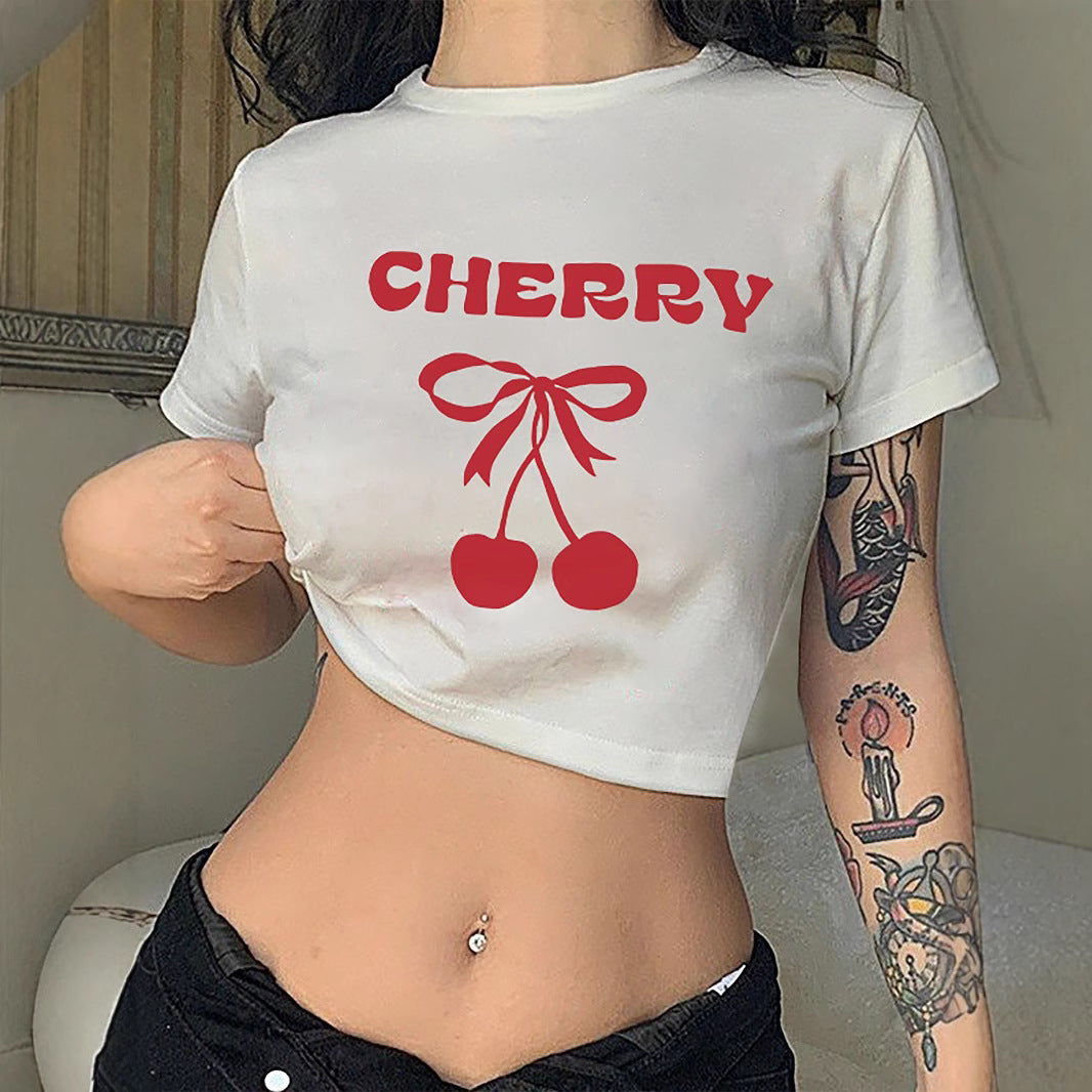 Damen Crop-T-Shirt mit verspieltem Kirschmotiv und elegantem Schleifenprint R&B