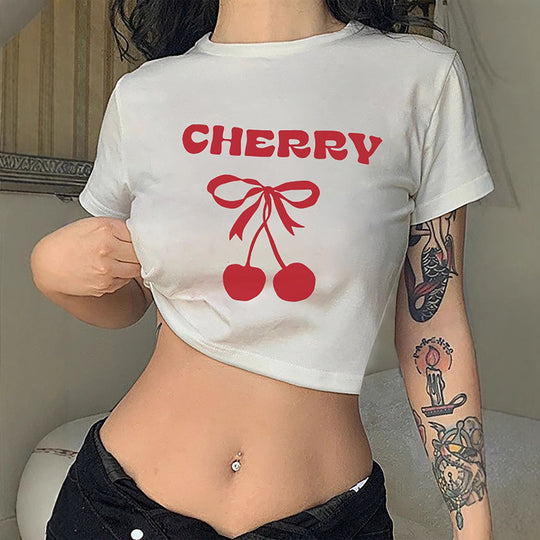 Damen Crop-T-Shirt mit verspieltem Kirschmotiv und elegantem Schleifenprint R&B