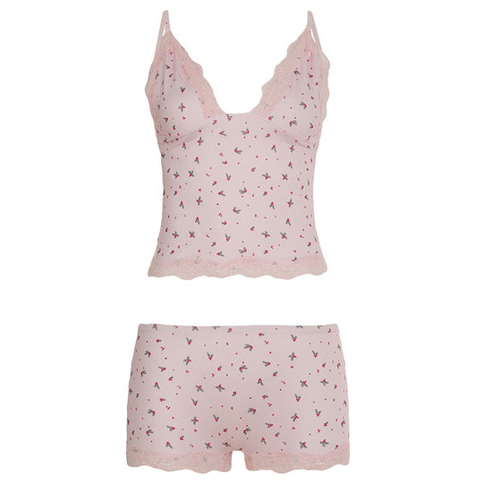 Damen Schlaf-Set mit elegantem Spitzendetail und floralem Muster R&B