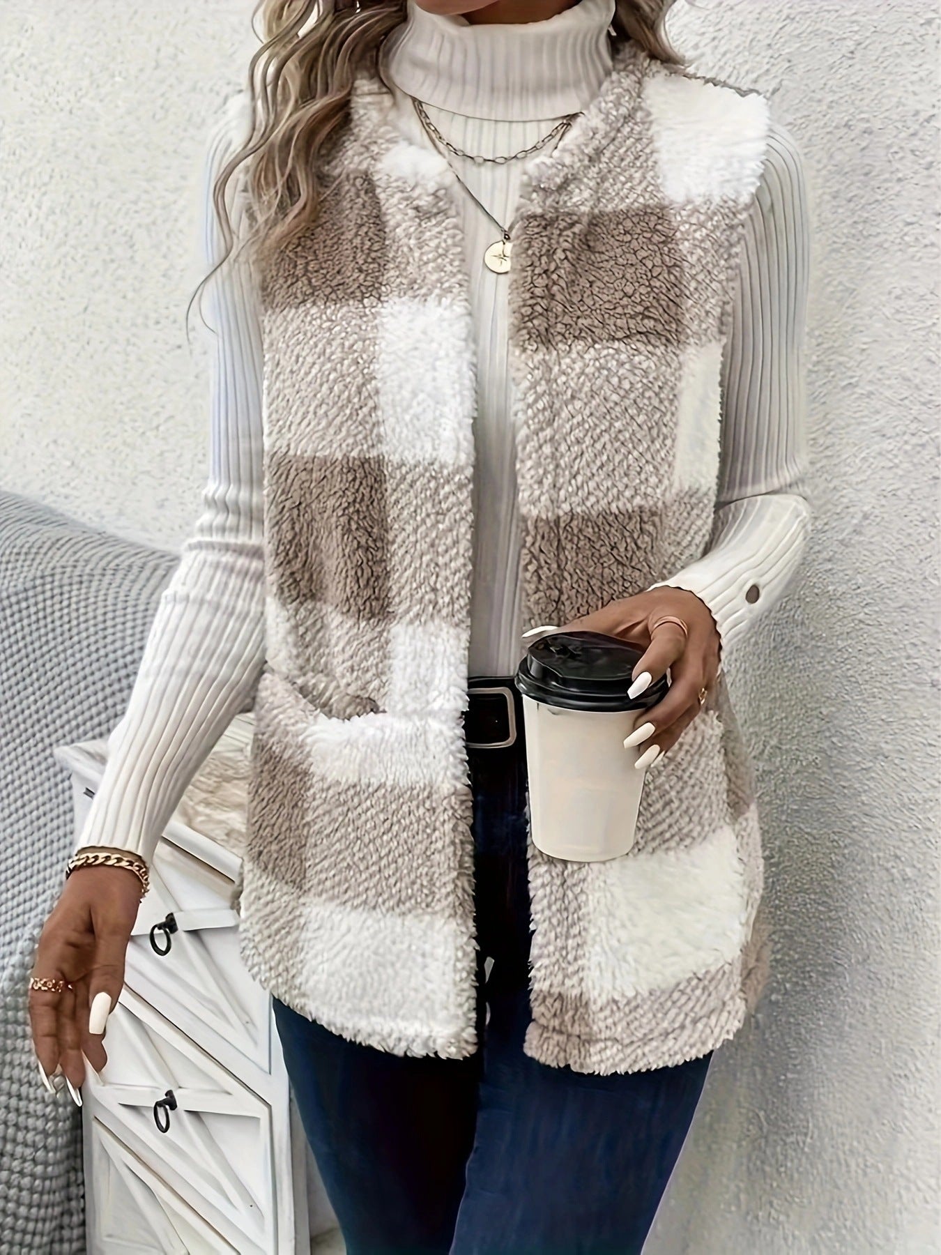 Damen Flauschige Weste mit Karomuster und Taschen R&B