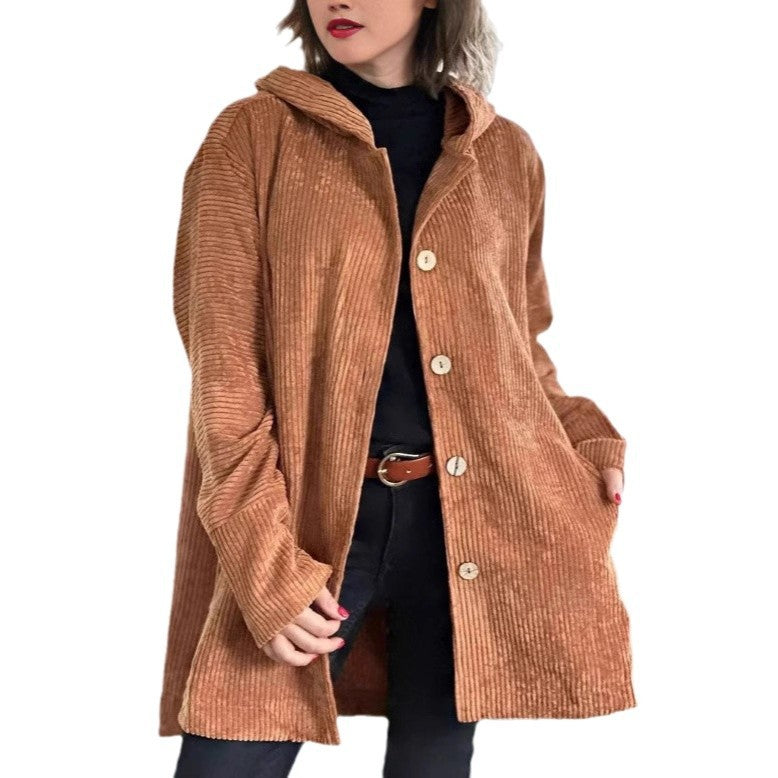 Damen Kapuzenjacke aus Kordstoff mit Knopfverschluss