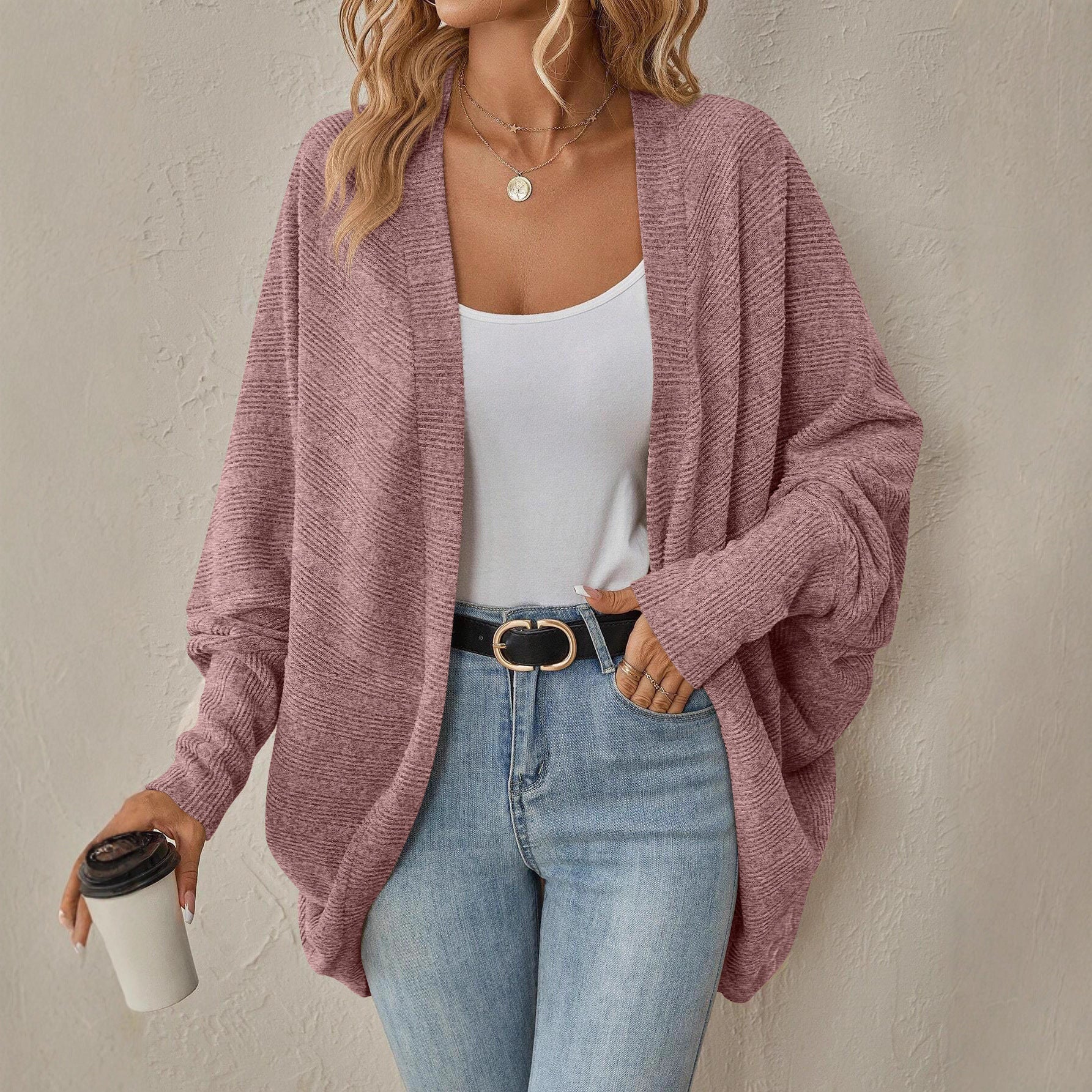 Damen lässiger Strickcardigan mit überschnittenen Schultern und weitem Schnitt R&B