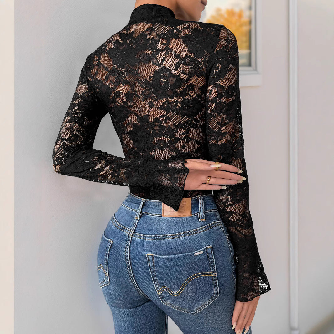 Damen Spitzenbody mit elegantem Stehkragen und langem Ärmel R&B