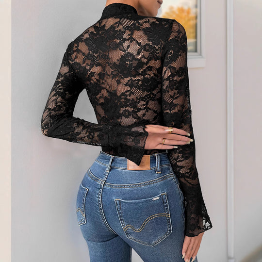 Damen Spitzenbody mit elegantem Stehkragen und langem Ärmel R&B