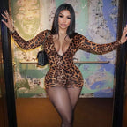 Damen stylischer Leopardenmuster Bodysuit mit V-Ausschnitt und langen Ärmeln R&B