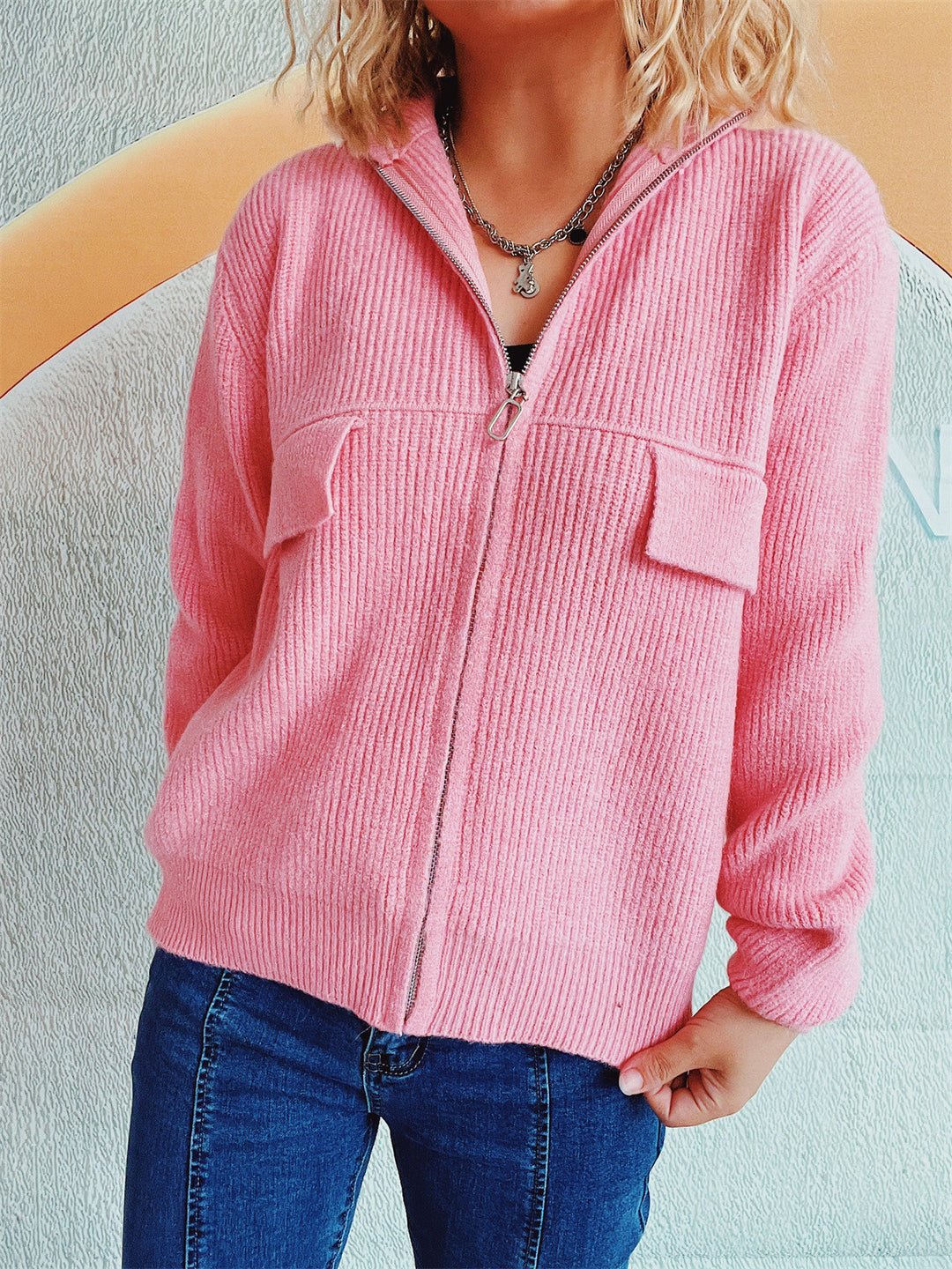 Damen lässige Strickjacke mit praktischen Taschen und hohem Kragen R&B