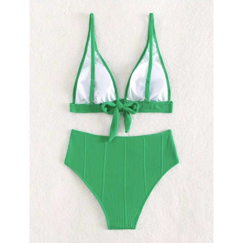 Damen Hochgeschnittener Bikini mit elegantem V-Ausschnitt und geripptem Design R&B