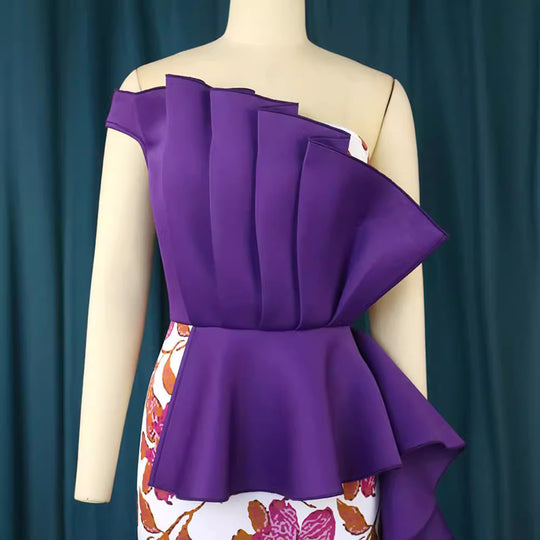 Damen elegantes Kleid mit asymmetrischem Rüschendesign und floralen Mustern R&B