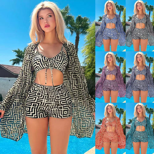 Damen modisches Bikini-Set mit geometrischen Mustern und transparenter Strandjacke R&B