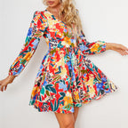 Damen fließendes Blumenkleid mit V-Ausschnitt und langen Ärmeln R&B