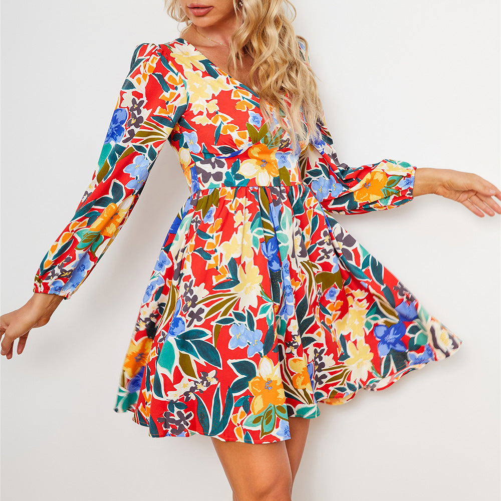 Damen fließendes Blumenkleid mit V-Ausschnitt und langen Ärmeln R&B