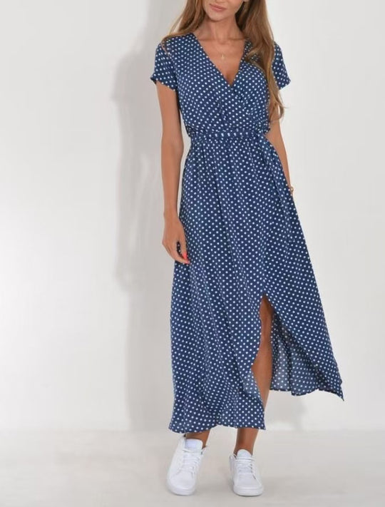 Damen Maxikleid mit Polka-Dots und seitlichem Schlitz R&B