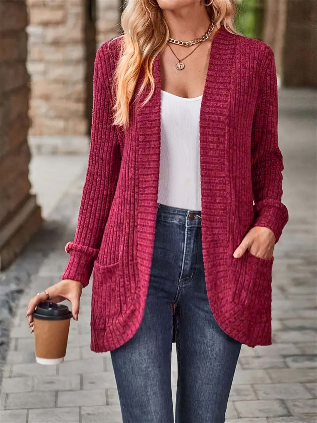 Damen Strickjacke mit offenen Front und praktischen Taschen R&B