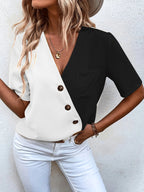 Damen Designer-Bluse mit asymmetrischem Schnitt und elegantem Knopfverschluss R&B