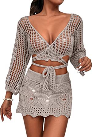Damen gehäkeltes Crop-Top und Minirock-Set mit eleganten Binde-Details R&B