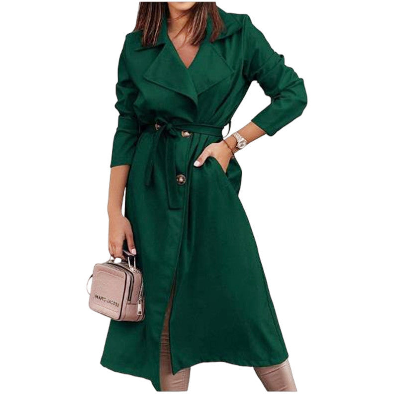 Damen eleganter Trenchcoat mit Taillengürtel und großen Taschen R&B