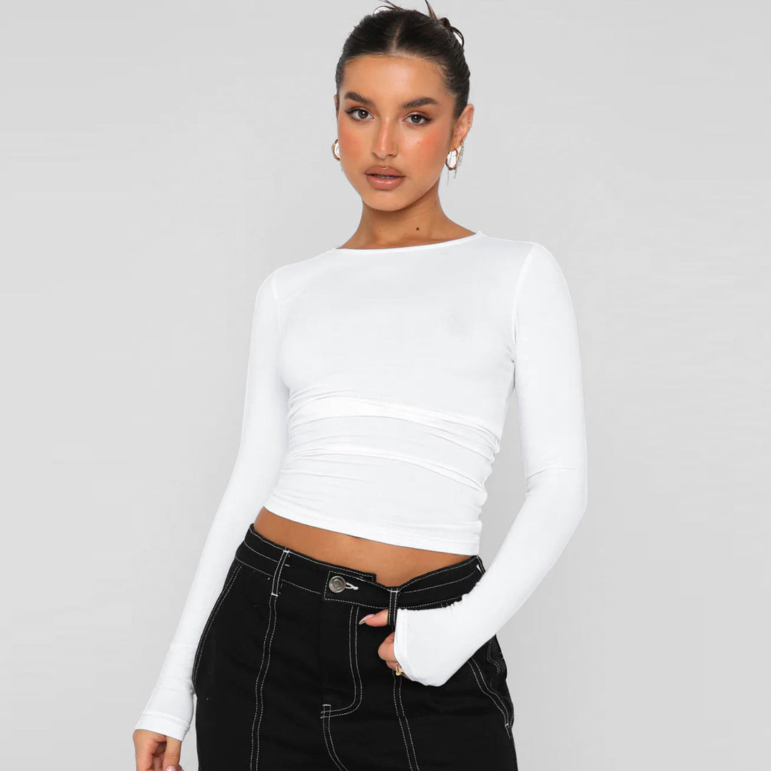 Damen modisches Langarm-Crop-Top mit Raffung R&B