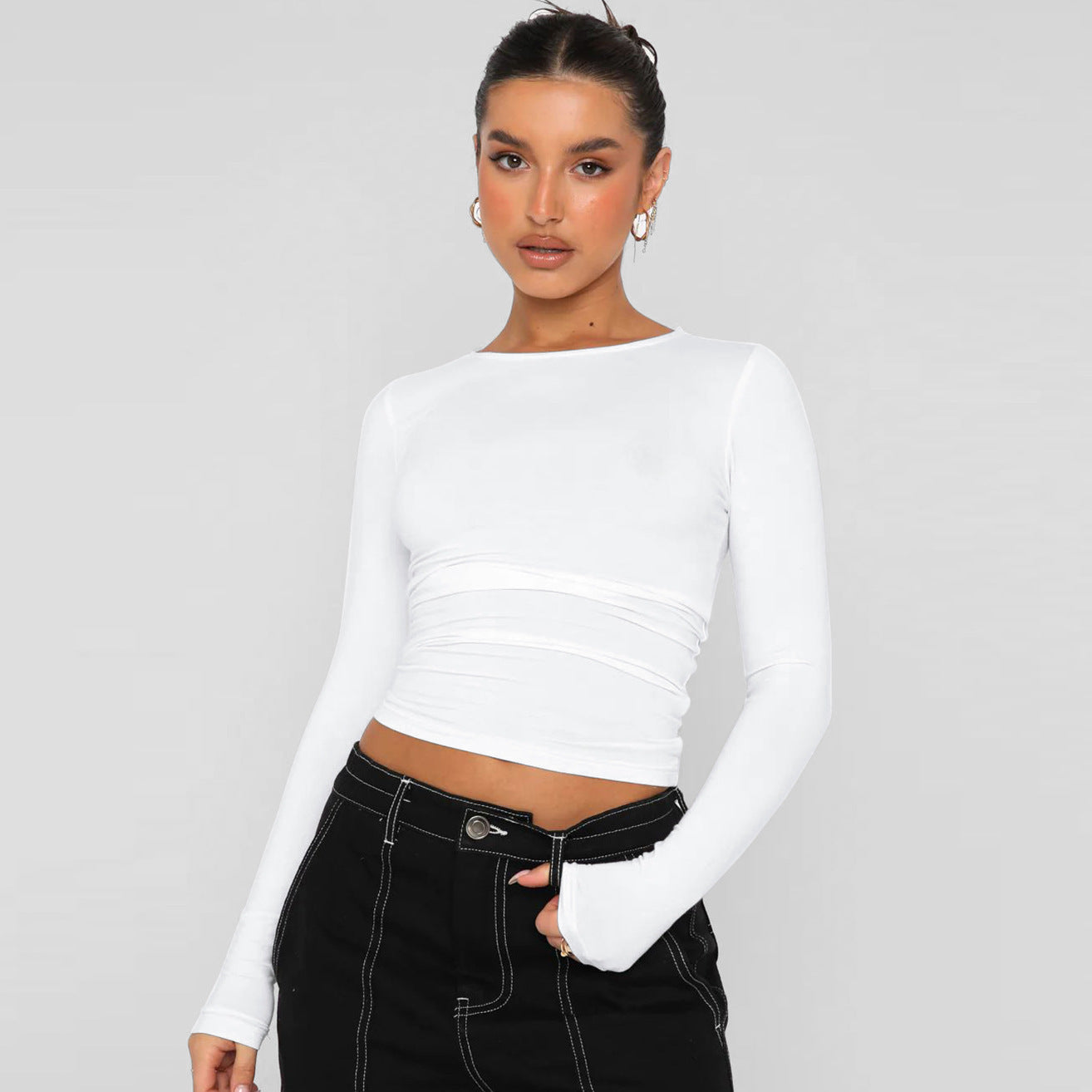 Damen modisches Langarm-Crop-Top mit Raffung R&B