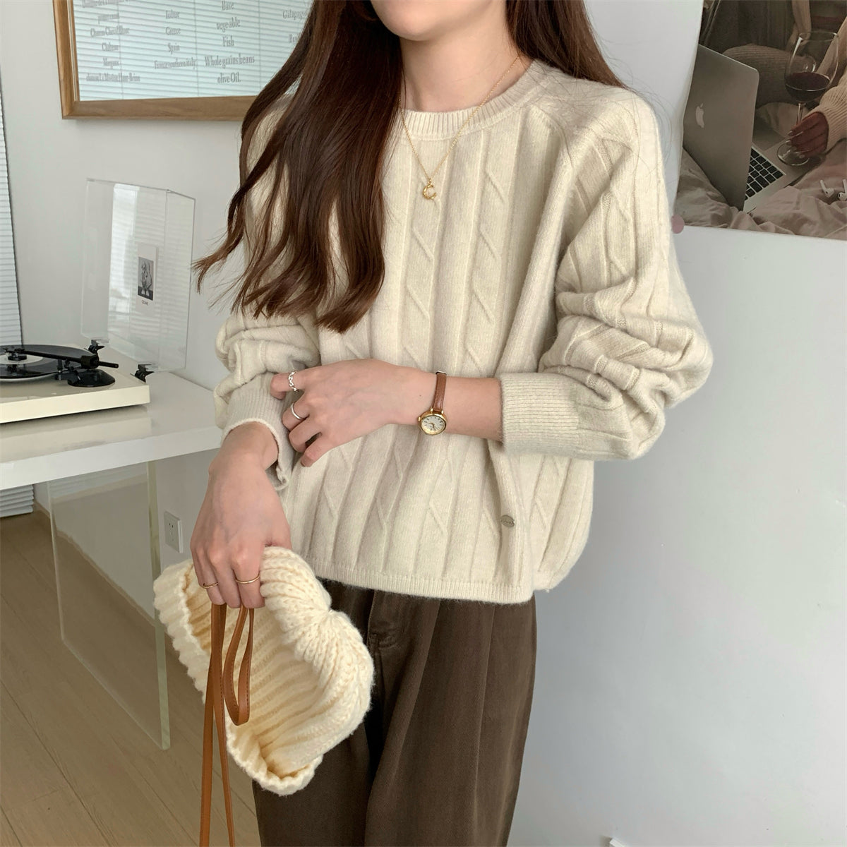 Damen Grob gestrickter Sweater mit Rundhalsausschnitt und lässiger Passform