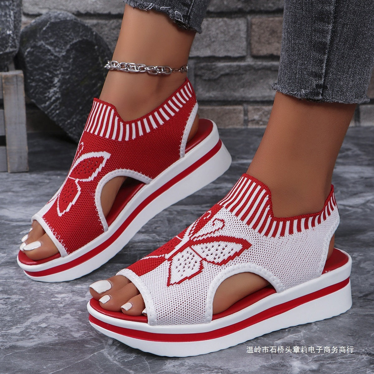 Damen Sportliche Plateau-Sandalen mit modischem Schmetterlingsmotiv R&B