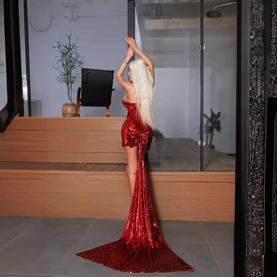 Damen Glitzerndes Abendkleid mit Schleppe und trägerlosem Design R&B