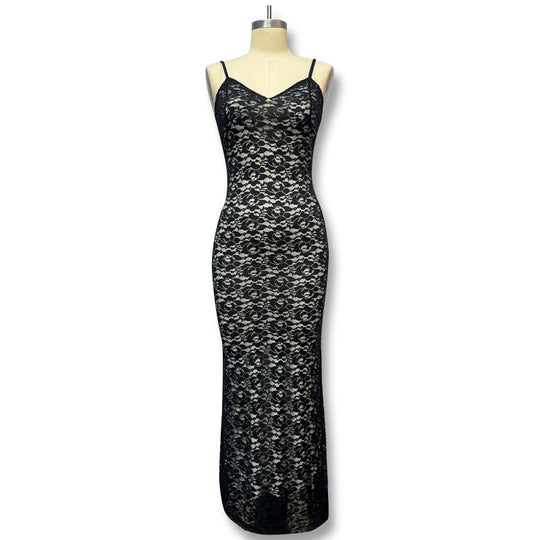 Damen Spitzen-Maxi-Kleid mit verführerischer Silhouette und Spaghettiträgern R&B