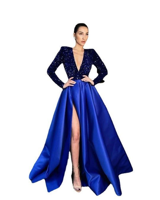 Damen Glamouröses Abendkleid mit tiefem V-Ausschnitt und hochgeschnittenem Rock R&B