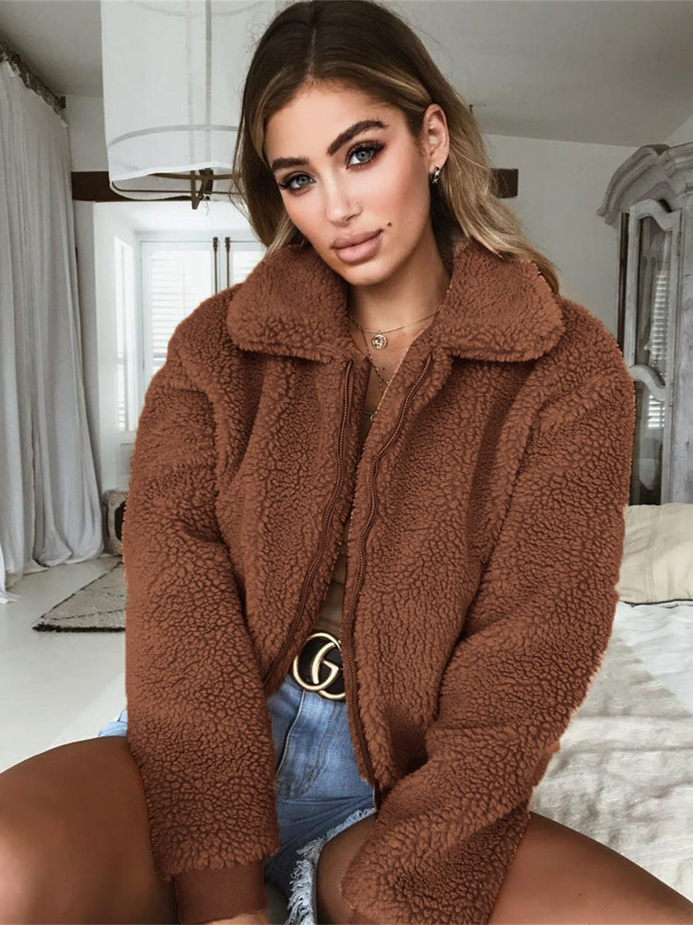 Damen Kuschelige Teddyjacke mit hohem Kragen R&B