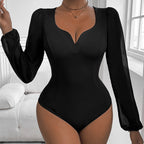 Damen Eleganter Body mit romantischen Puffärmeln und V-Ausschnitt R&B