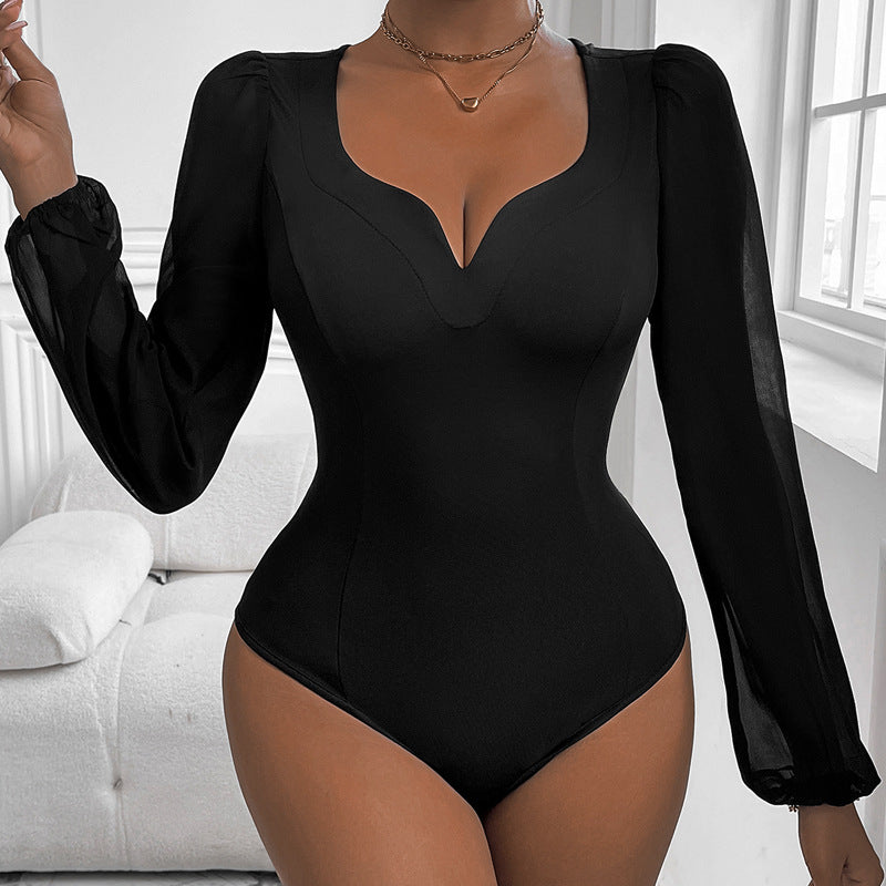 Damen Eleganter Body mit romantischen Puffärmeln und V-Ausschnitt R&B