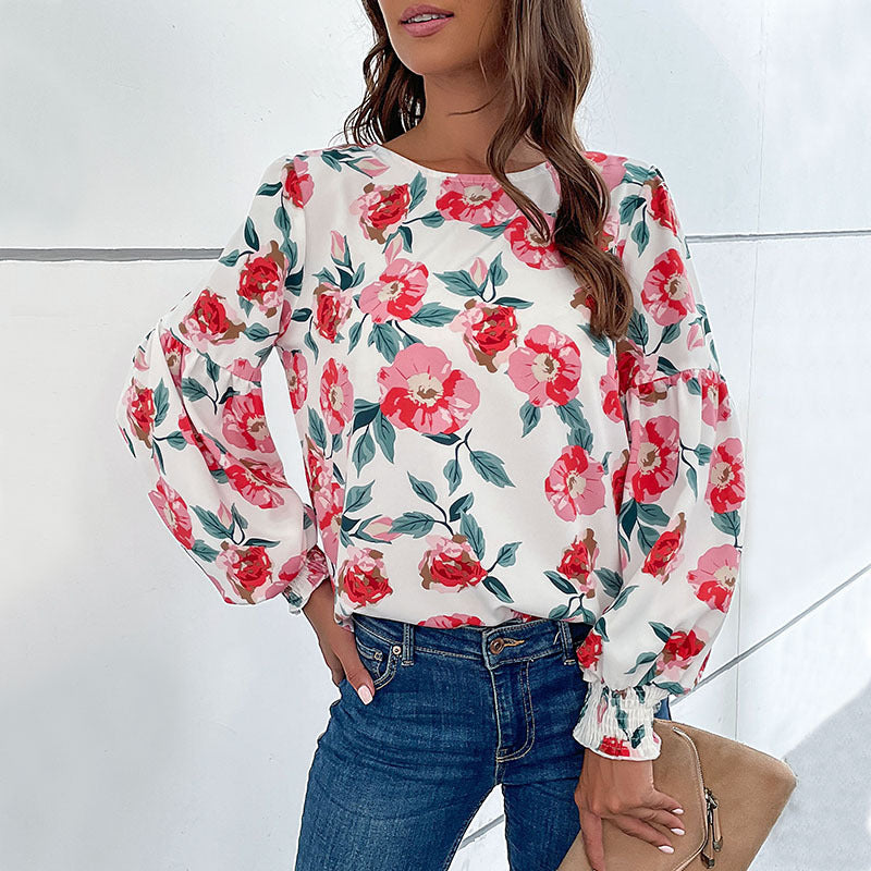 Damen Bluse mit floralen Mustern und voluminösen Ärmeln R&B